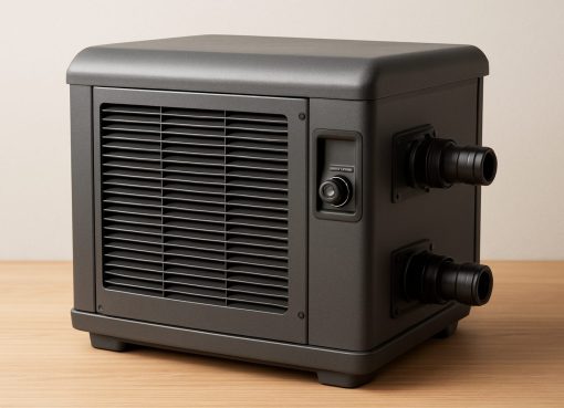 Close-up of a modern pool heating unit with visible connection ports